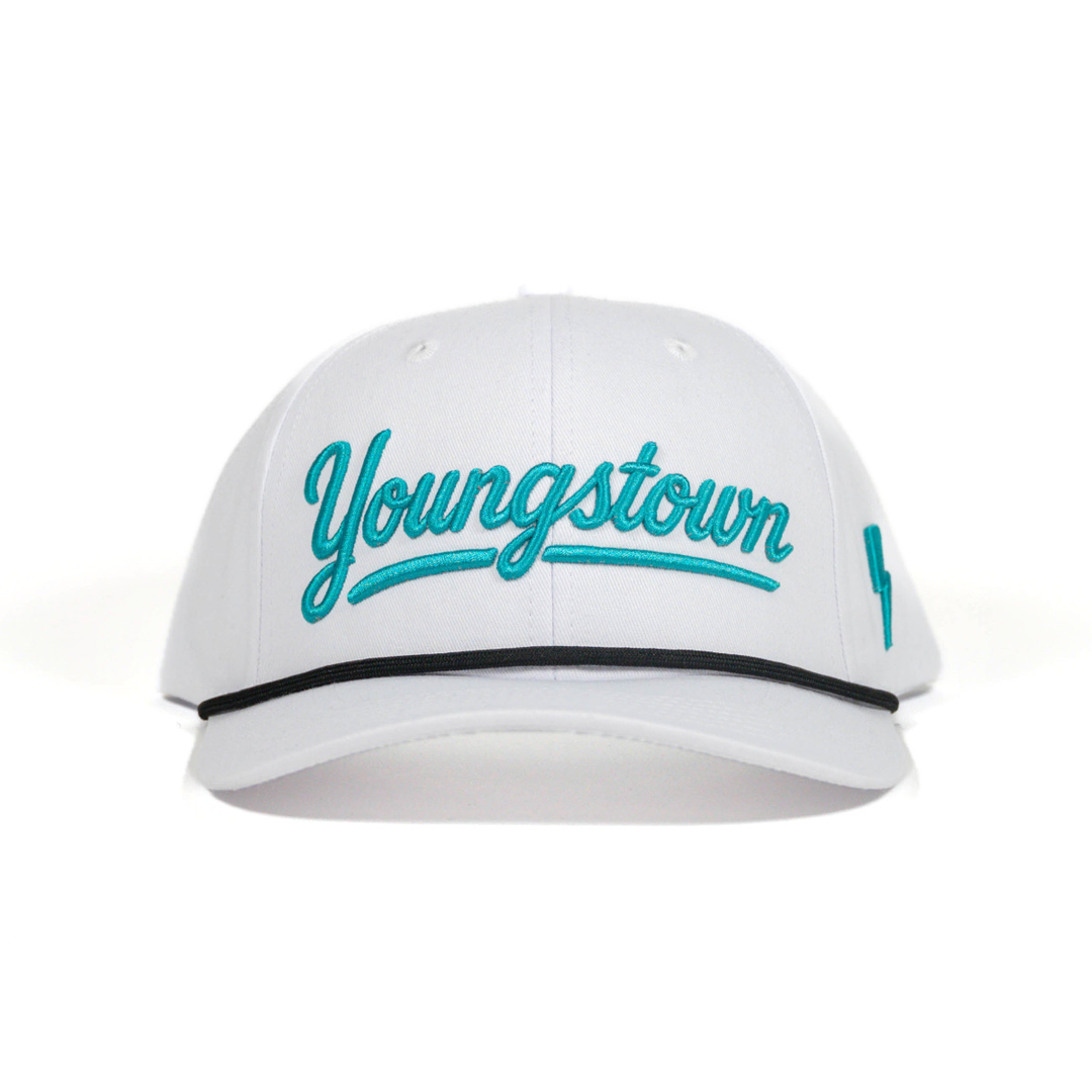 Script Youngstown Snapback hat in White by Youngstown Clothing Co.