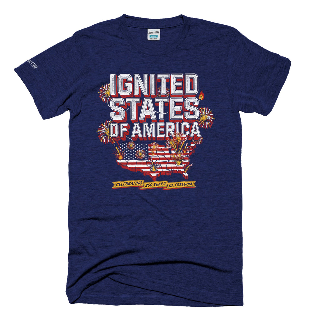 Ignited States of America tee in Heather Navy by Youngstown Clothing Co.