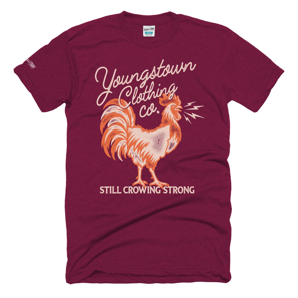 Still Crowing Strong tee in Heather Maroon by Youngstown Clothing Co.