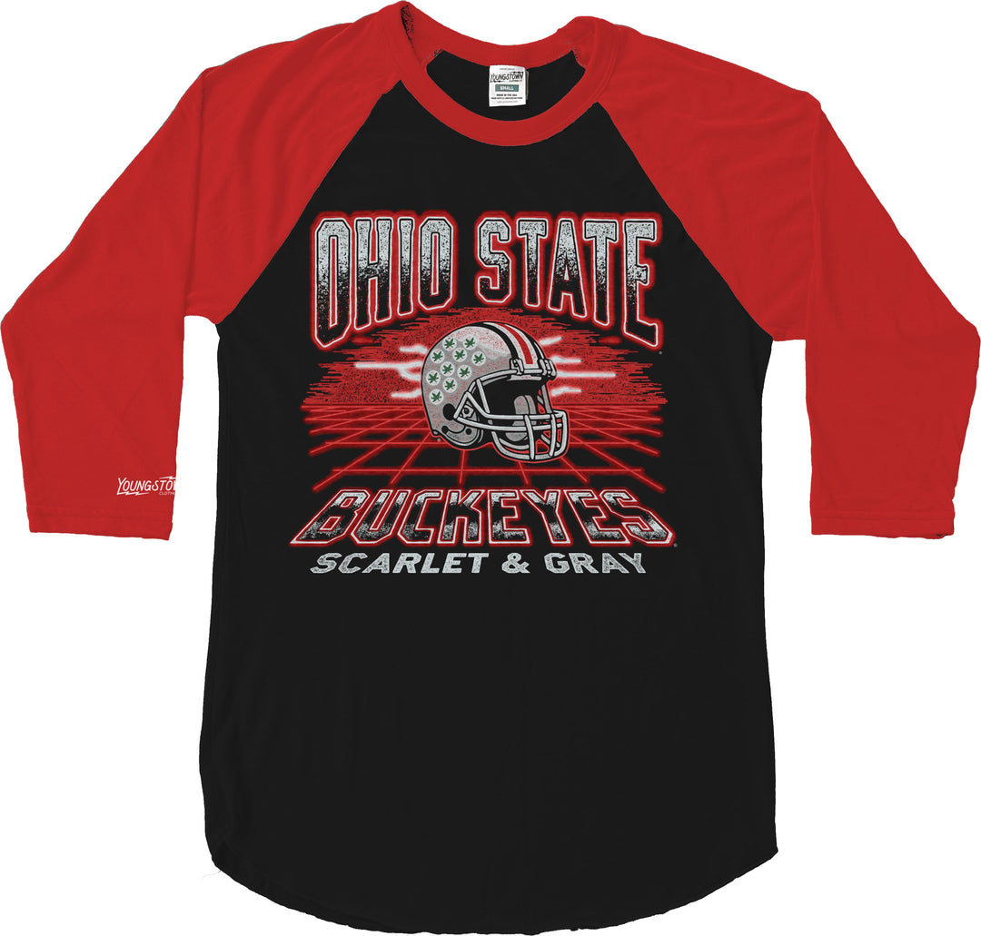 Buckeyes Retro Neon Grid Baseball Tee in Black/Red by Youngstown Clothing Co.