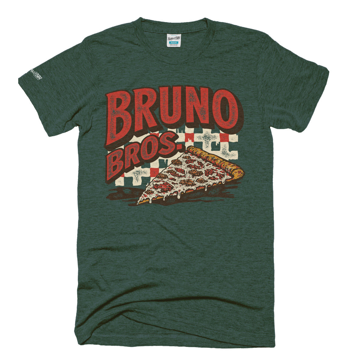 Bruno Brothers | Bruno Bros. Pizza tee in Heather Forest Green by Youngstown Clothing Co.