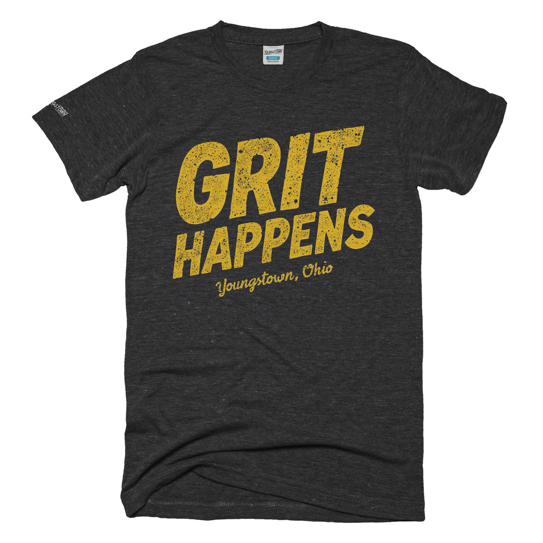 Grit Happens tee in Heather Charcoal by Youngstown Clothing Co.