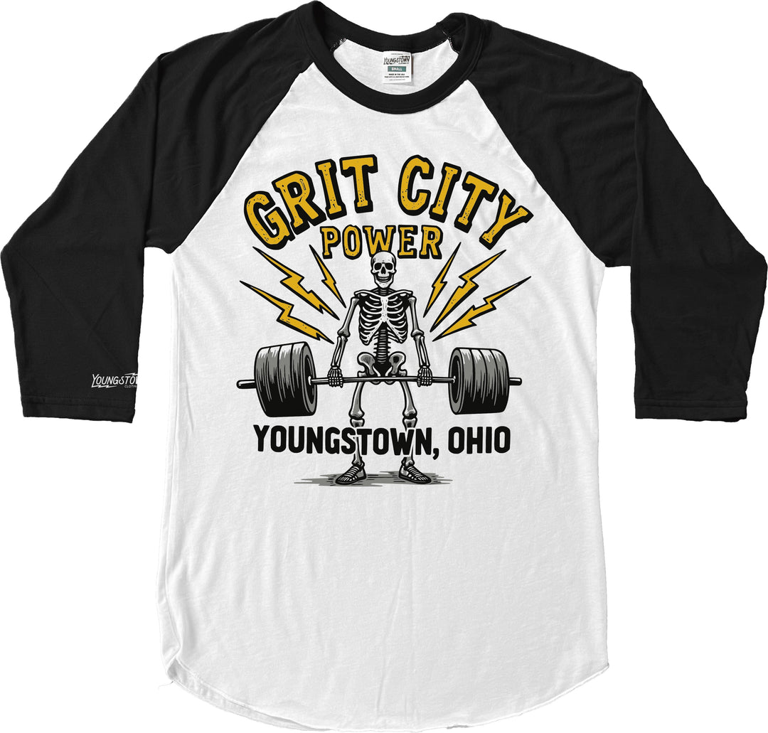 Grit City Power Baseball Tee in White/Black by Youngstown Clothing Co.