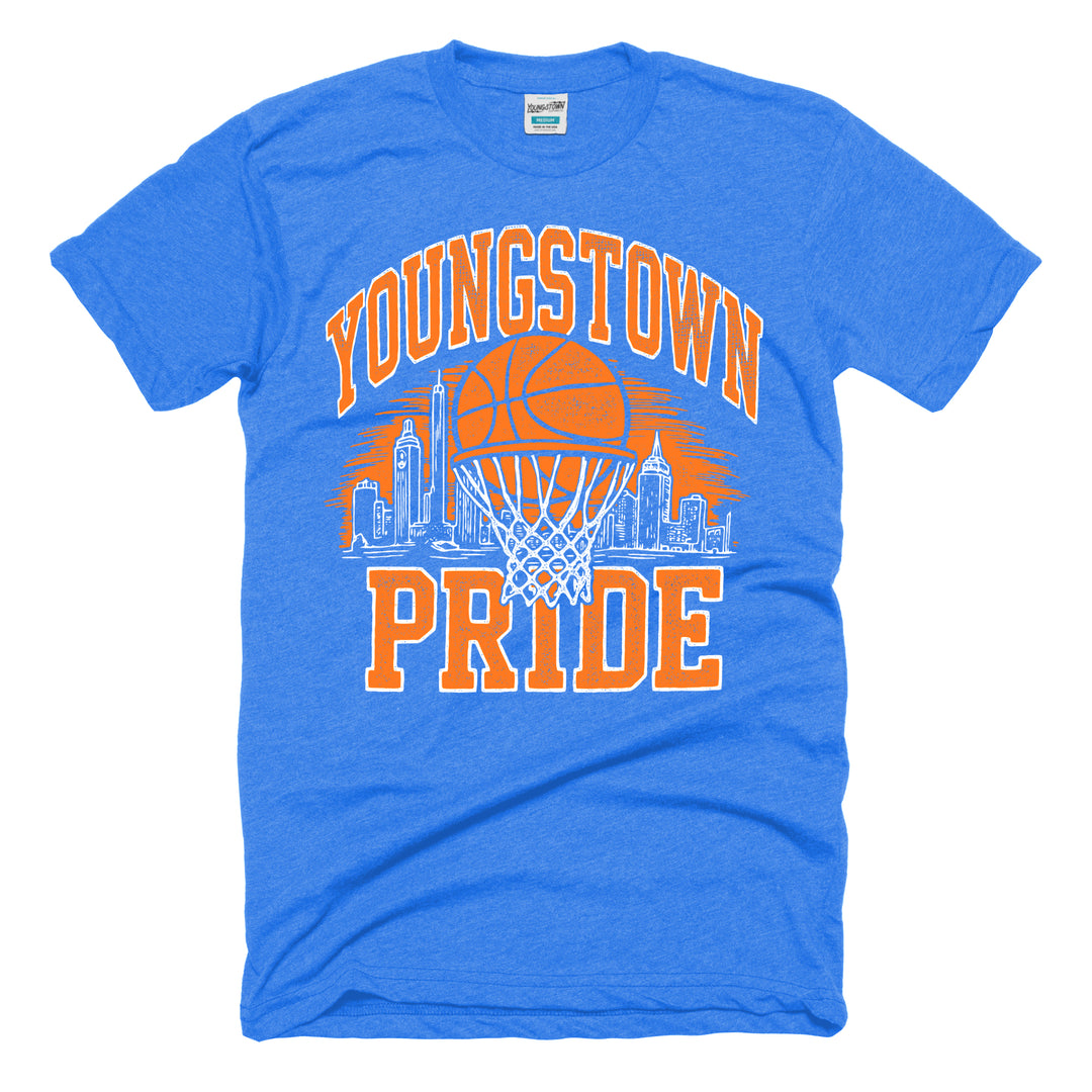 Youngstown Pride Basketball Skyline tee in Heather Lake Blue by Youngstown Clothing Co.