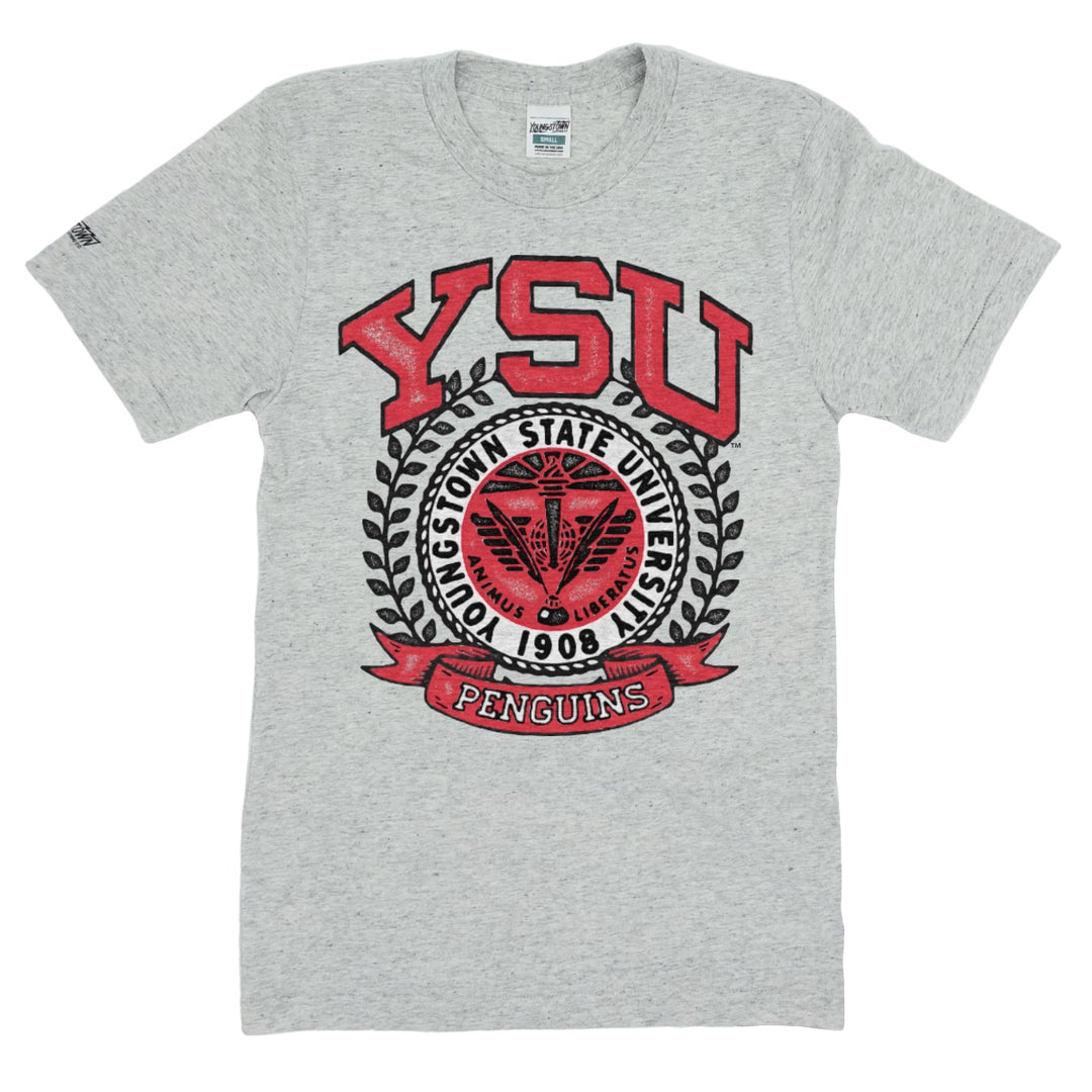 Block YSU Crest tee in Heather Ash by Youngstown Clothing Co.