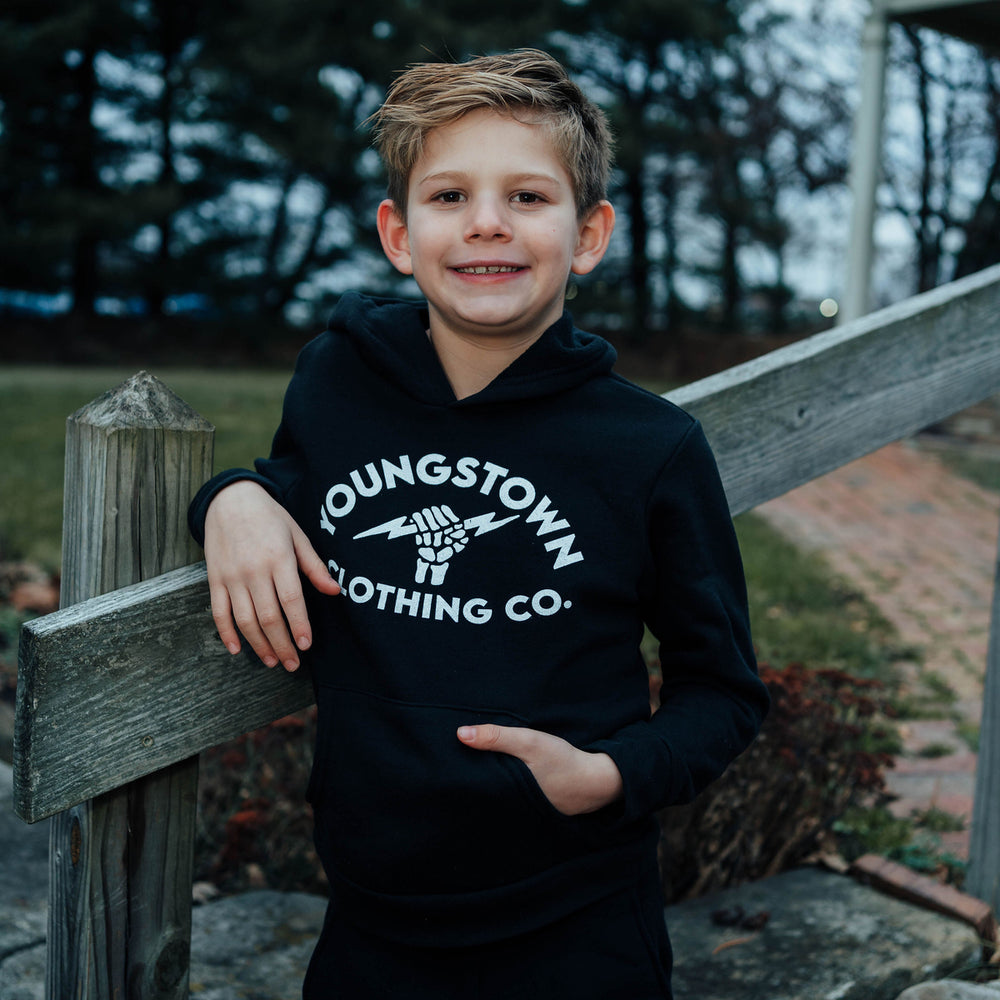 Lightning Fist Logo Hoodie Kids kids tee, view 2 by Youngstown Clothing Co.