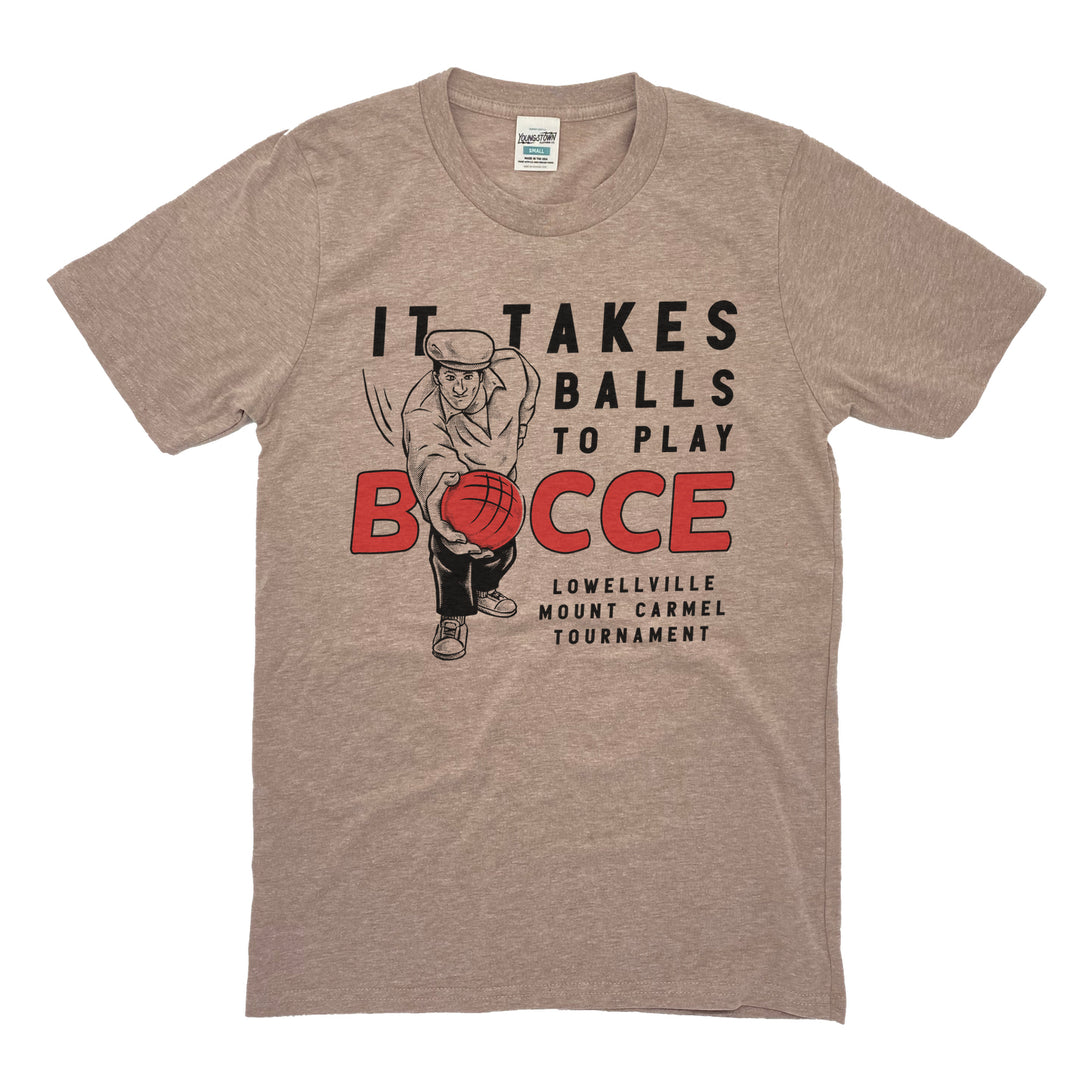 It Takes Balls to Play Bocce tee in Heather Chocolate by Youngstown Clothing Co.