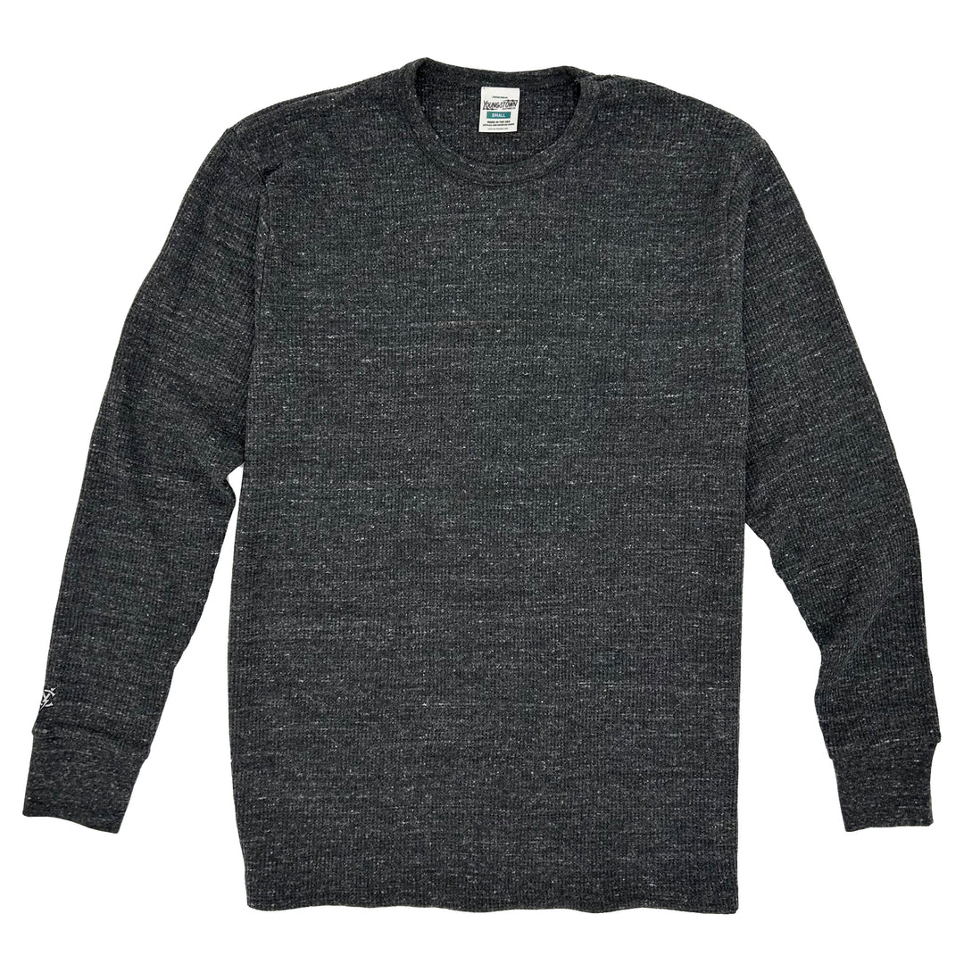 Unisex Eco Waffle Knit Thermal crewneck sweatshirt in Heather Black by Youngstown Clothing Co.