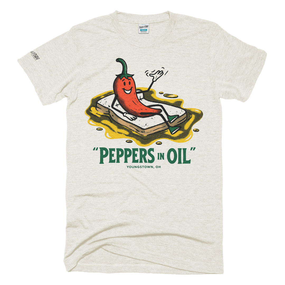 Peppers in Oil tee in Heather Oatmeal by Youngstown Clothing Co.