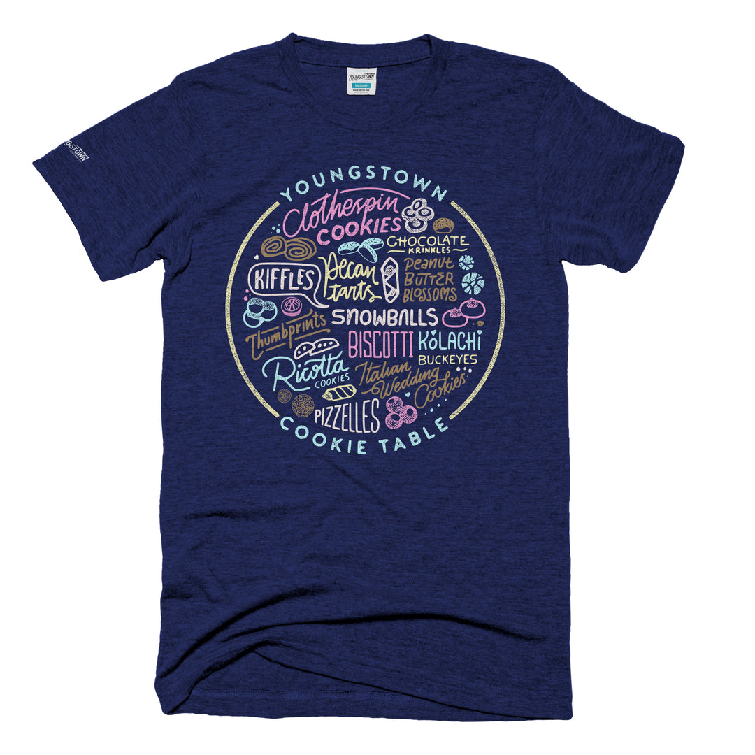 Cookie Table Collage tee in Heather Navy by Youngstown Clothing Co.