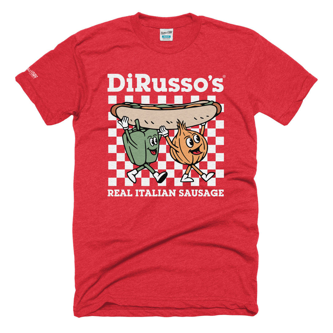 Dirusso's Pepper, Onion, Sausage Sandwich tee in Heather Red by Youngstown Clothing Co.