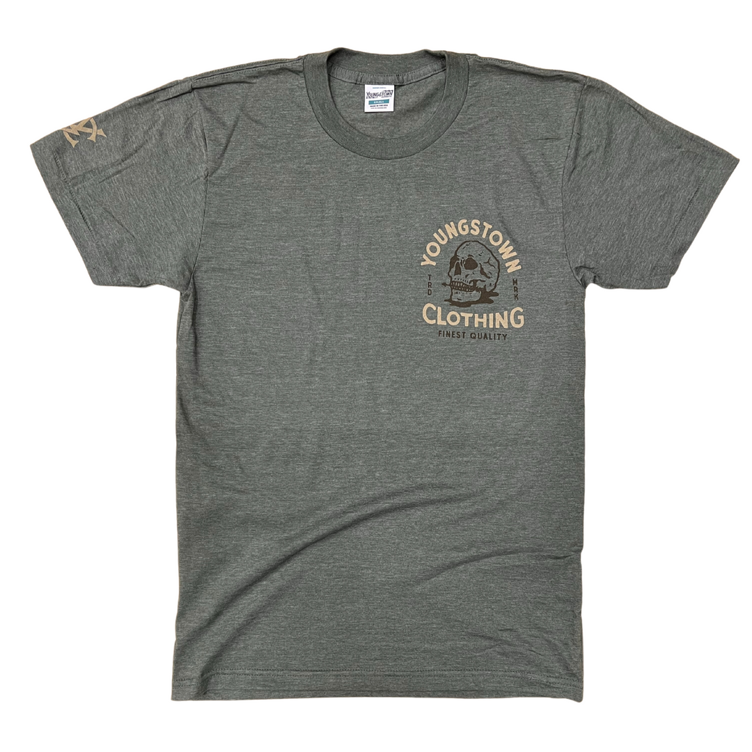 YCC Skull tee in Heather Army Green by Youngstown Clothing Co.