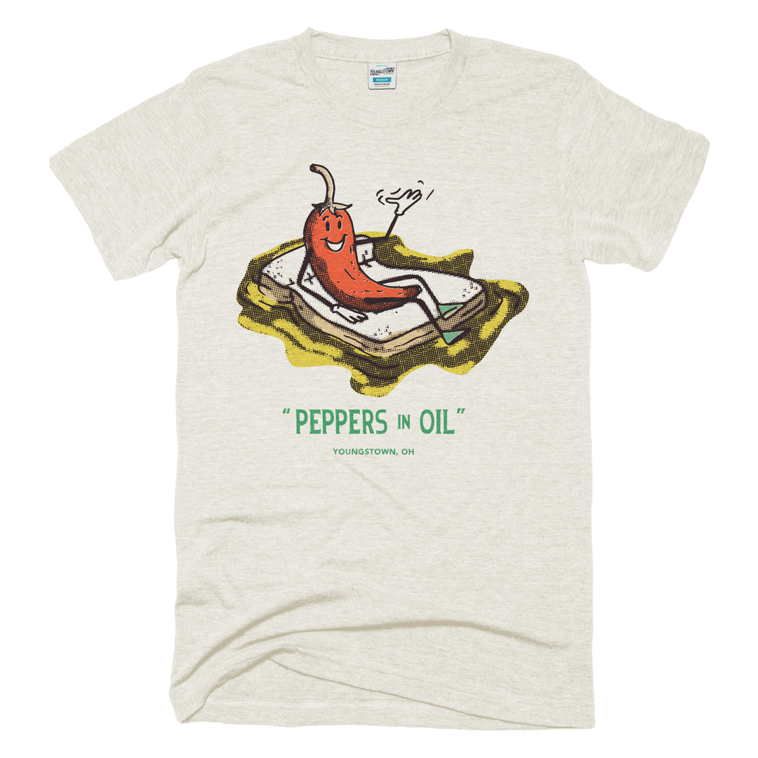 Peppers in Oil tee in Heather Oatmeal by Youngstown Clothing Co.